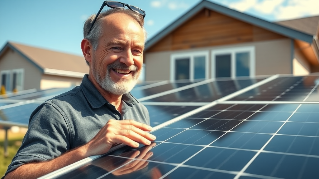 Satisfied Eugene homeowner inspecting sparkling clean solar panels, Oregon-style home and clear sky in background, vibrant reflections on panels.