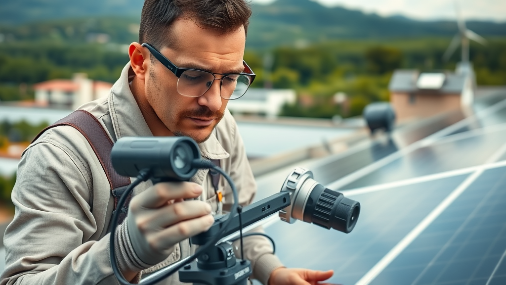 orderly close-up of technician inspecting solar panel with specialized equipment solar panel maintenance inspection for optimal performance