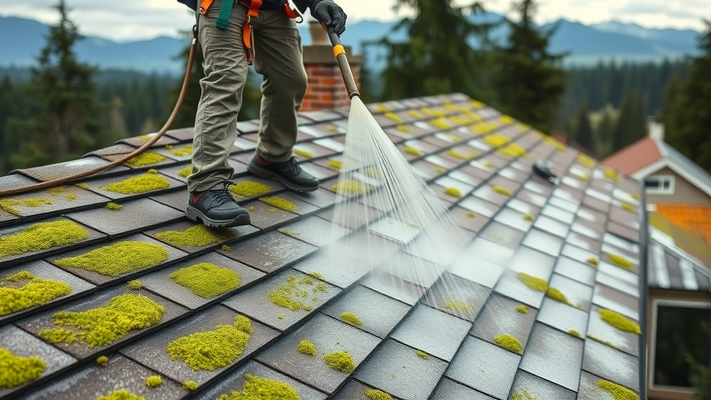 Technician soft washing moss from a Eugene, OR residential roof safely