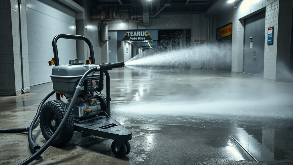 Power washing equipment removing tough grease from concrete commercial driveway, visible high-pressure hot water spray and surface steam