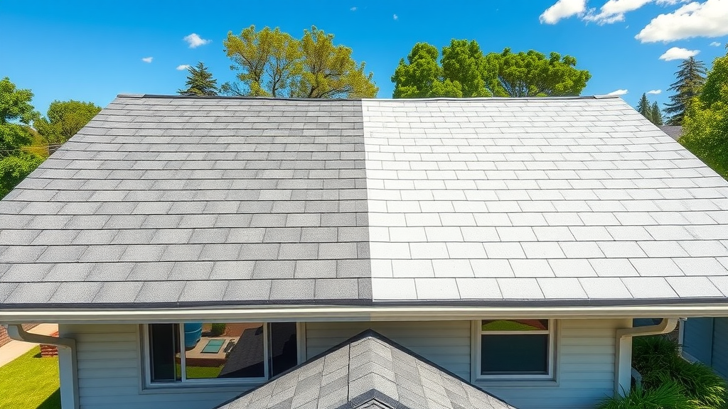 Soft wash roof cleaning before and after: showing half a clean residential roof and half weathered, with a lush yard and blue sky.