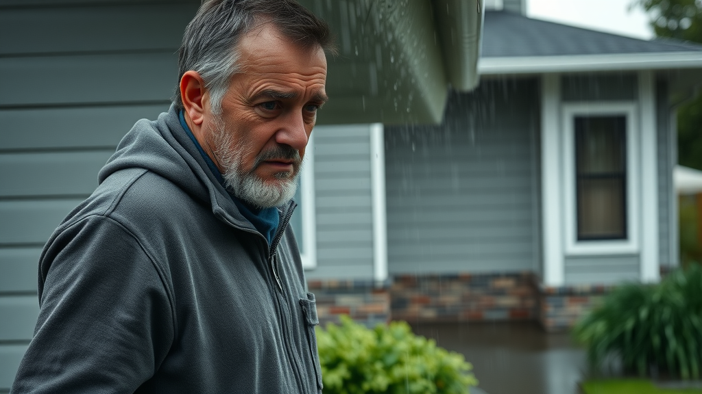 emergency gutter cleaning in Eugene OR - concerned homeowner examines overflowing gutter with water pooling near foundation on a rainy day