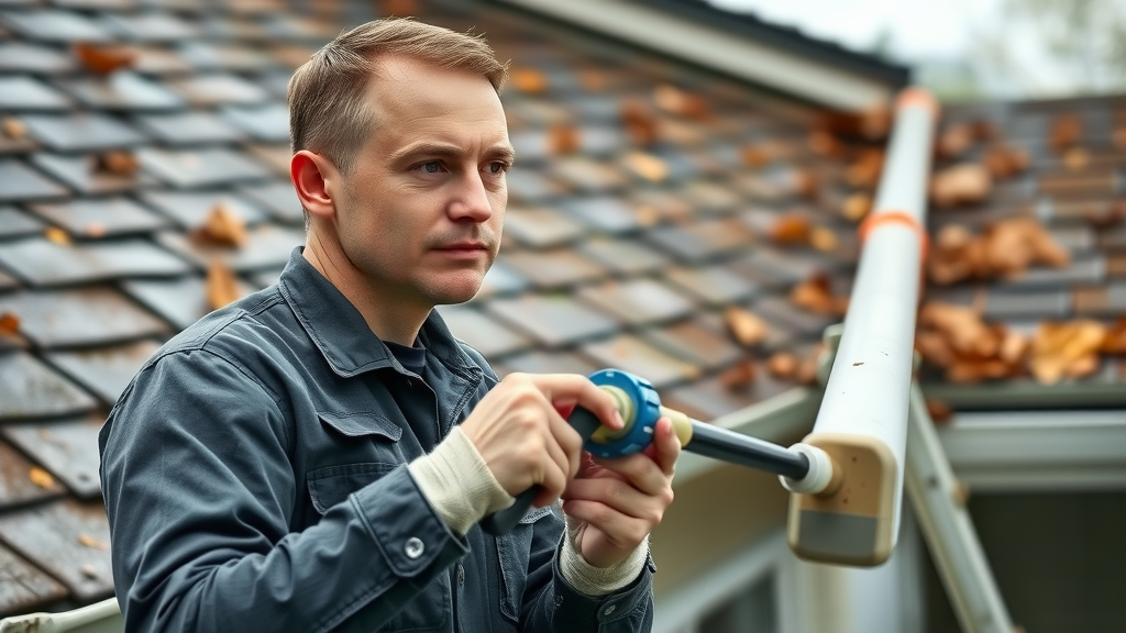 gutter repair service in Eugene - technician inspects and cleans clogged gutters after storm