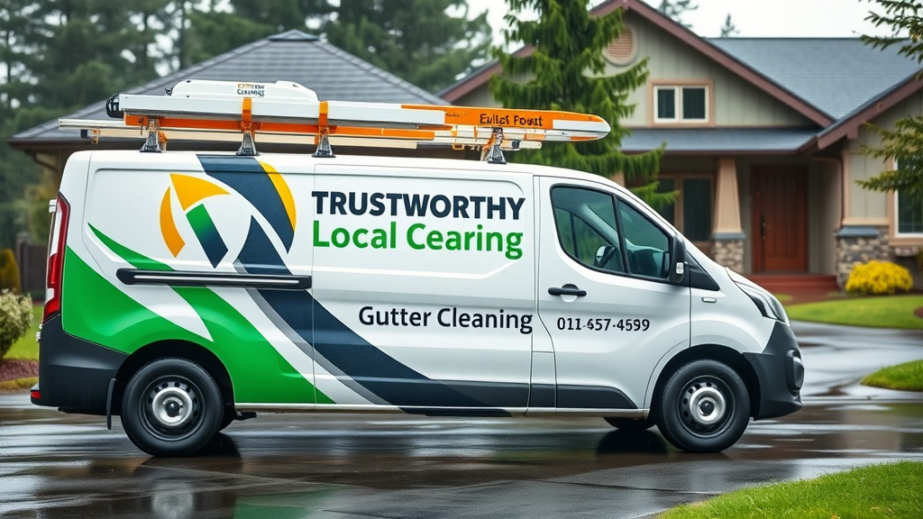 emergency gutter cleaning in Eugene OR - trustworthy local van and technician outside rainy Eugene home