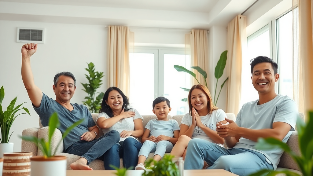 air vent cleaning service in Eugene OR clean living room, relaxed family, visible air vents, and plants