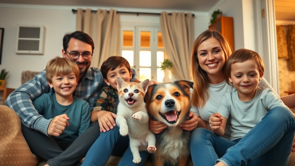 Air vent cleaning service in Eugene OR family home with pets, visible air vents, warm mood