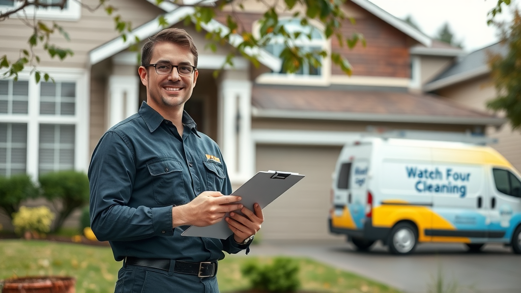 Professional duct cleaning service technician arriving at home in Eugene OR, branded service van, trustworthy
