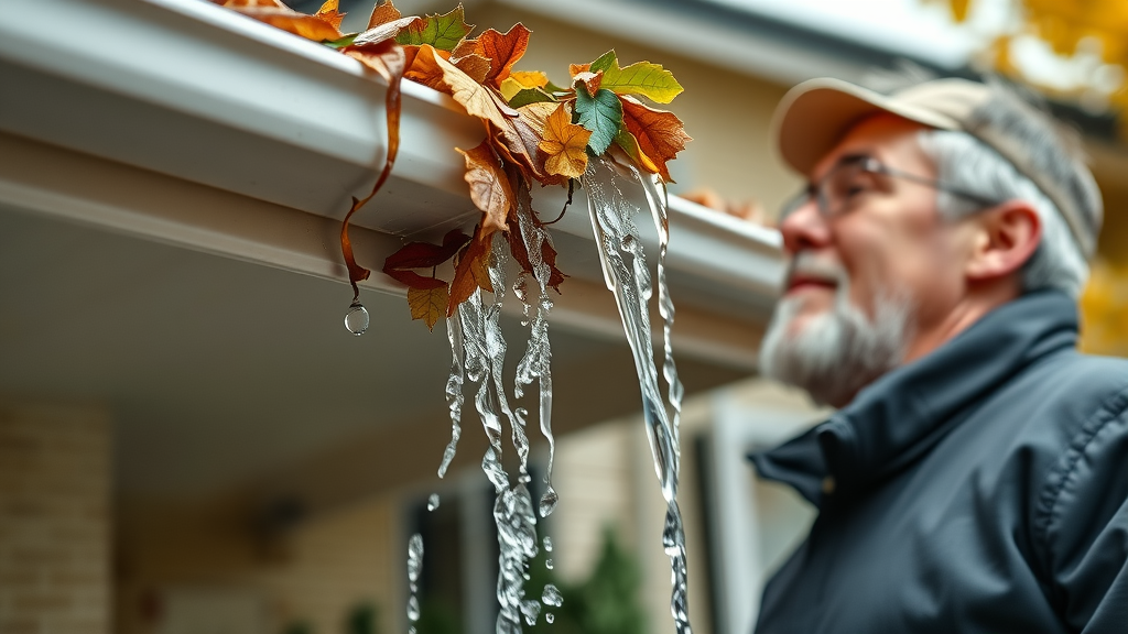 Clogged gutter with leaves and debris causing water overflow in Eugene OR