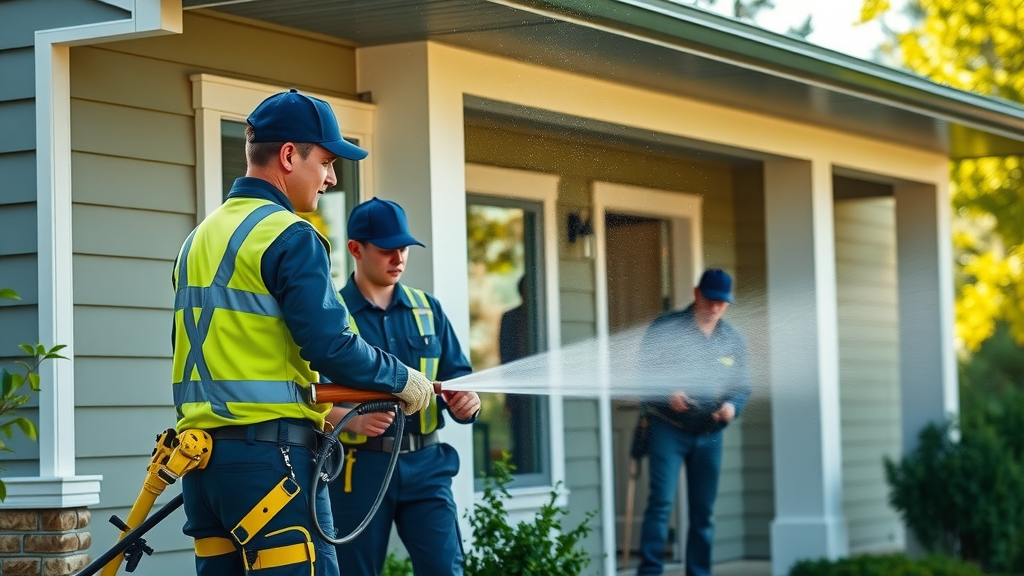 Professional exterior cleaning crew power washing and cleaning gutters in Lane County OR