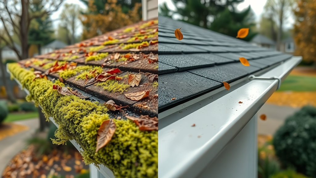 Before and after eavestrough cleaning in Eugene OR with moss and debris removal