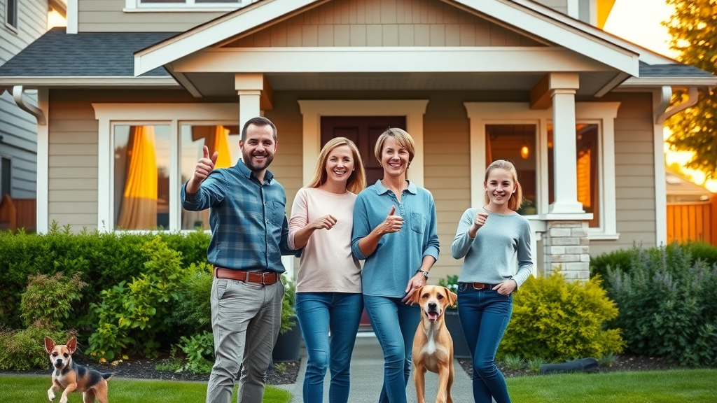 Happy family in front of well-maintained Eugene OR home with clean eavestroughs