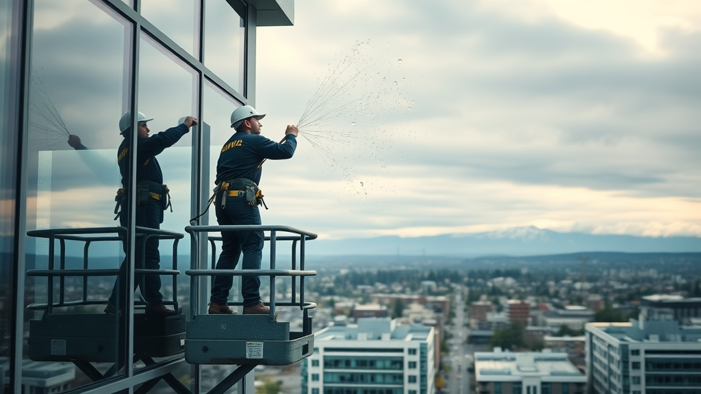 Expert commercial window cleaning Eugene OR high-rise in action