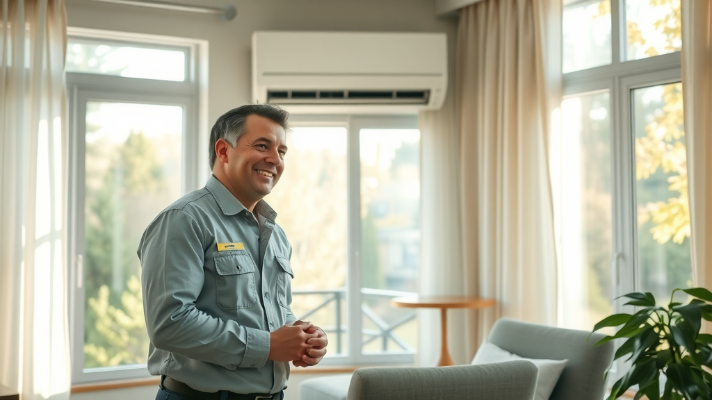 air conditioner cleaning service near me in eugene or technician inspecting AC in Eugene OR home, modern living room, Oregon greenery