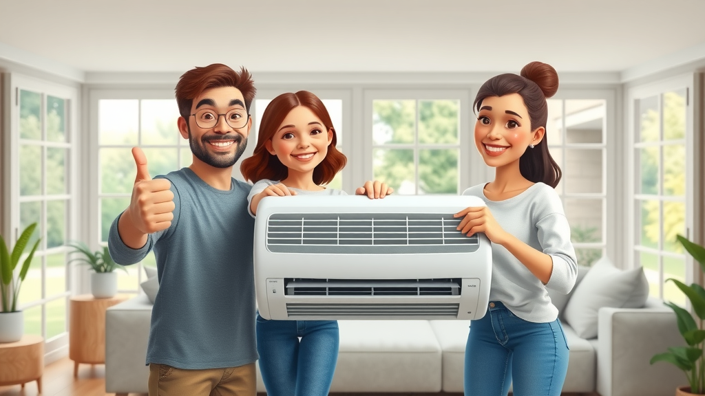happy family near air conditioner in clean home, Eugene OR, air conditioner cleaning service near me in eugene or