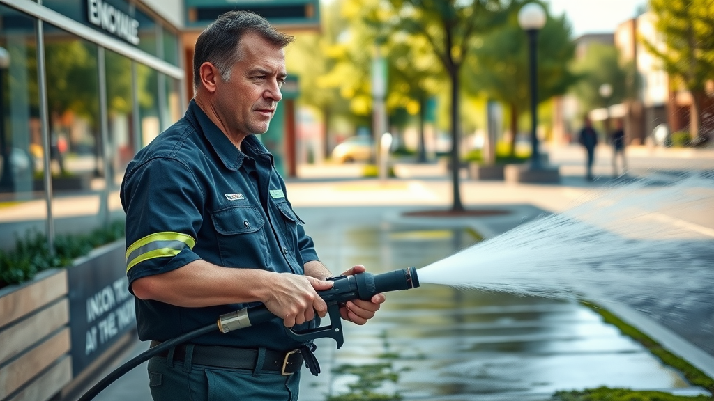 Technician pressure washing storefront in Eugene Oregon commercial area