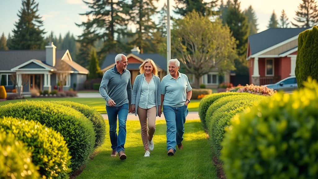 exterior maintenance services in eugene or, cheerful homeowners inspecting pristine lawn and flower beds, lush green grass in Eugene Oregon