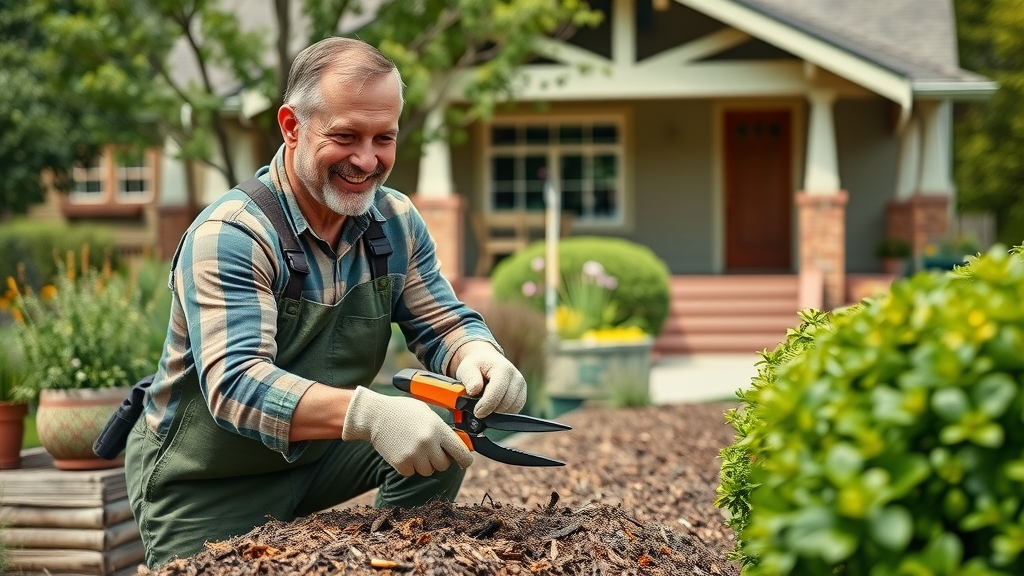yard maintenance and lawn care in Eugene OR, gardener pruning shrubs, spreading mulch, craftsman house background