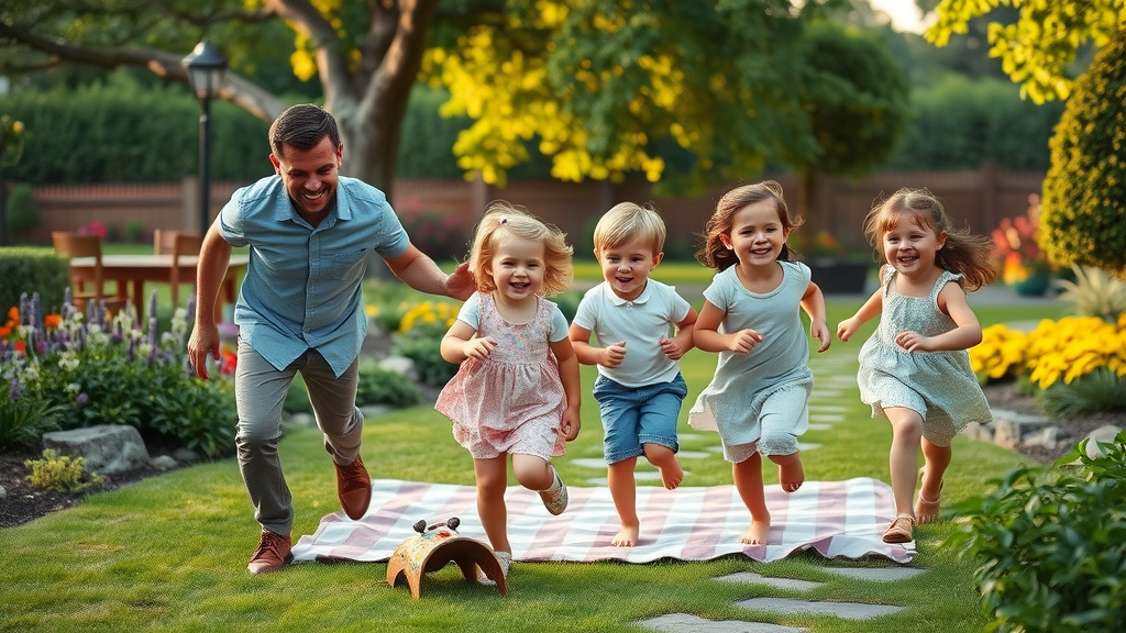 beautiful outdoor living space Eugene OR, happy family picnic in landscaped backyard, blooming gardens, mature trees