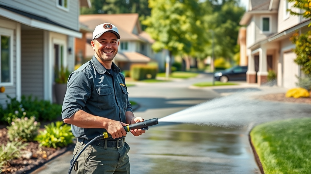 Complete home services in Eugene Oregon - professional technician power washing driveway in photorealistic Pacific Northwest neighborhood