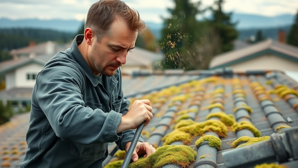 Professional roof cleaning in Eugene - Technician safely removes moss from Pacific Northwest roof