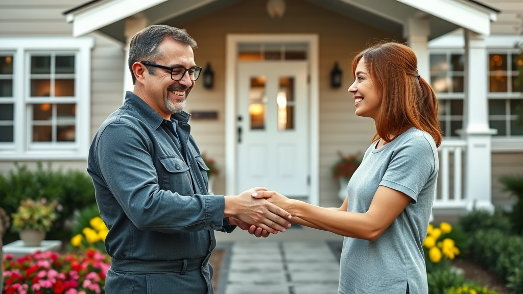 Book complete home services in Eugene Oregon - Trustworthy technician shakes hands with Eugene homeowner in front of pristine home