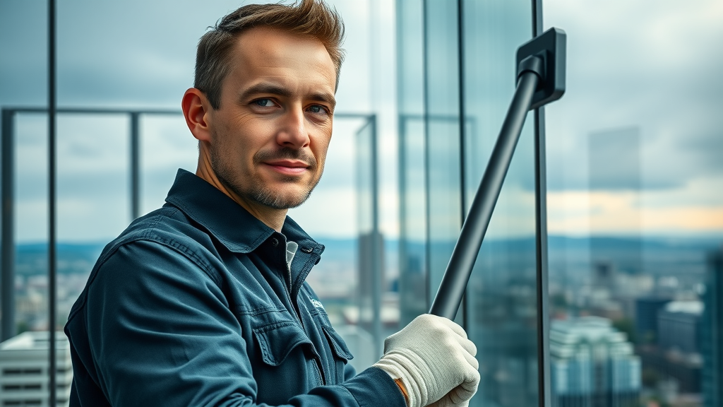 professional window cleaner using telescopic pole on Eugene Oregon commercial building