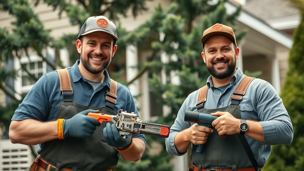 professional handyman service team performing exterior home repairs Eugene Oregon, property maintenance, tools in action