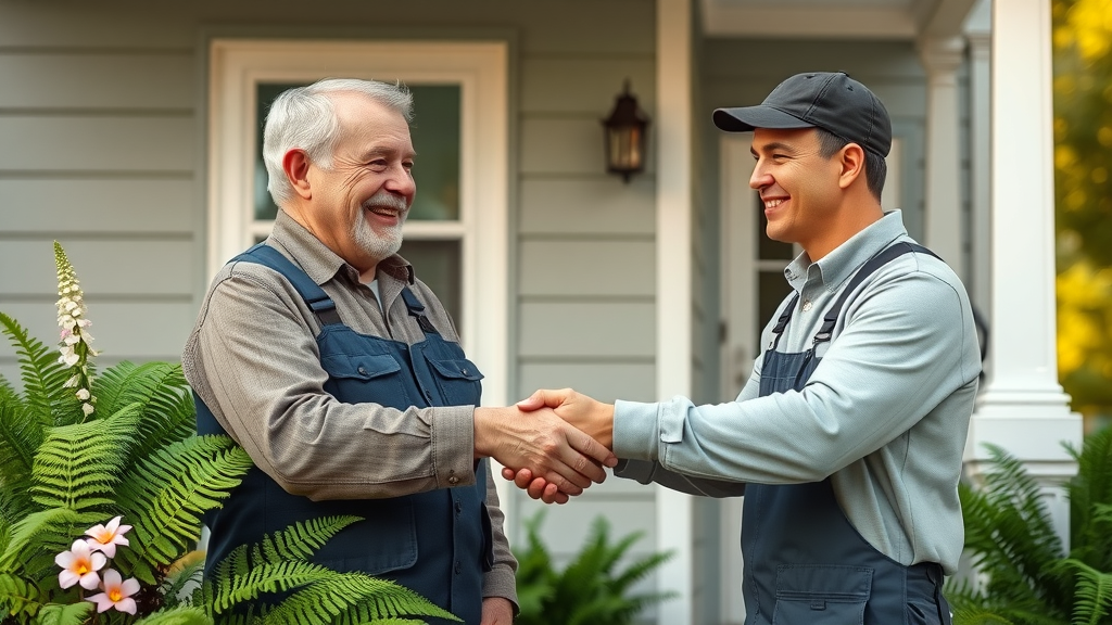 elderly Eugene Oregon homeowner house maintenance handshake with technician on porch, property maintenance client testimonial