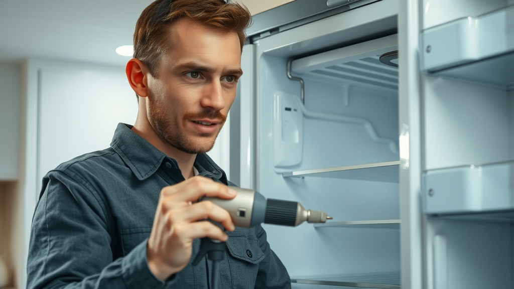 appliance repair and deep clean technician inspecting refrigerator coils in Eugene Oregon