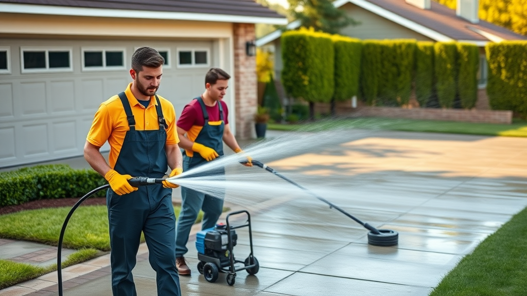 professional pressure washing service near me in Eugene Oregon with a focused team using commercial-grade pressure washer on a clean, modern driveway