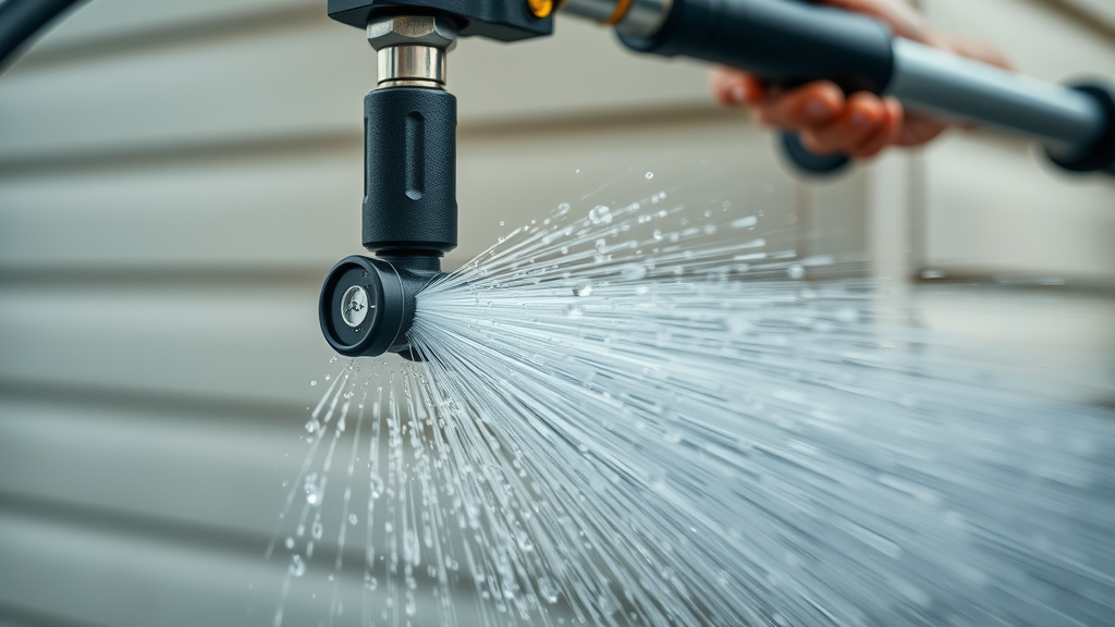 close-up of modern high-tech pressure washing nozzle spraying clean water with steady hands for pressure washing service near me in Eugene Oregon, showing before-and-after contrast