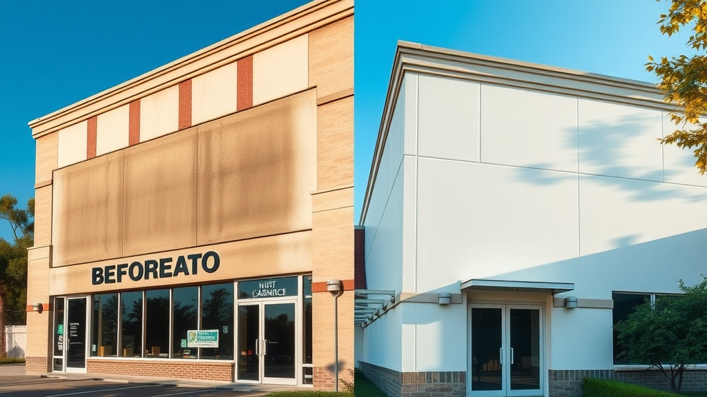 Before-and-after pressure washing service near me in Eugene Oregon, showing commercial facade transformation, clients smiling with satisfaction, split view clean and dirty surfaces