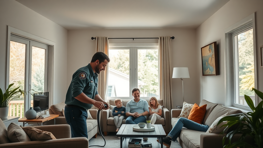 heater cleaning service in eugene oregon, technician cleaning modern wall-mounted heater in a cozy home interior, family relaxing, clean ducts, Oregon greenery seen outside, soft natural daylight
