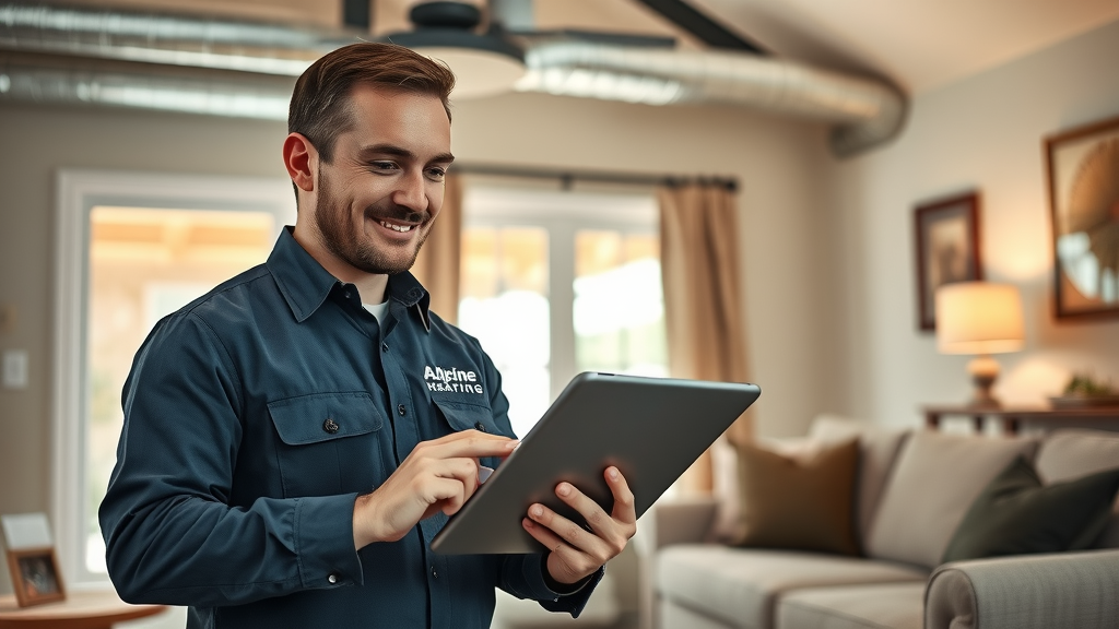 alpine heating professional HVAC technician in Eugene Oregon, consulting with homeowner, showing maintenance results, branded uniform, visible air ducts, cozy living room, digital tablet, soft window lighting