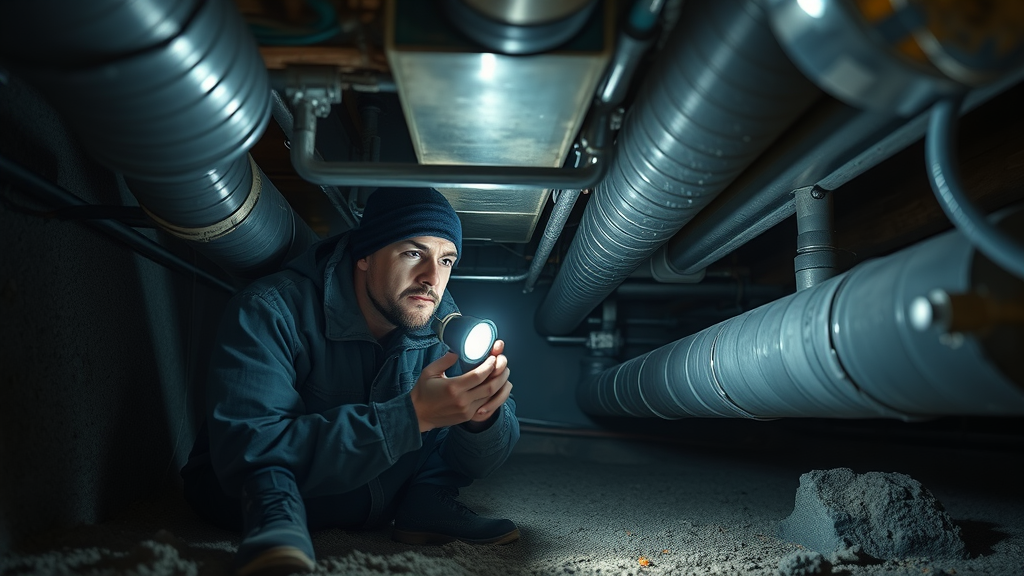technician inspecting crawl space ductwork under an Oregon home, photorealistic environment, unfinished basement, clean exposed ducts, debris particles in air