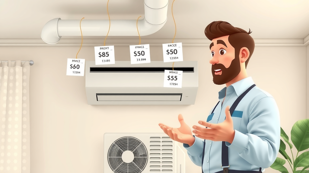 residential HVAC system on display, pricing tags floating above vents, technician with homeowner, labeled ductwork, cartoon illustration, bright clean home