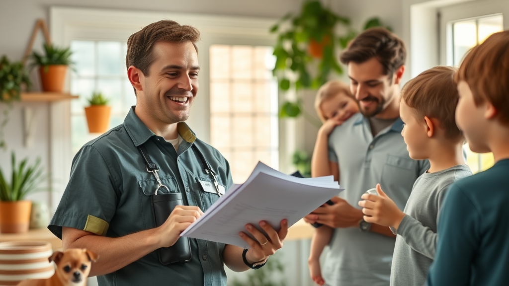 smiling service technician in Eugene Oregon kitchen, answering family questions, children and pets present, clean uniform, bright greenery and sunlight