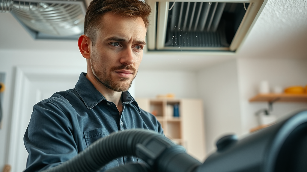 duct cleaning service in eugene oregon - technician cleaning home air duct with professional equipment