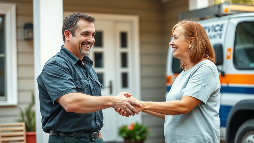 trusted HVAC home cleaning services in Eugene Oregon - happy homeowner with technician