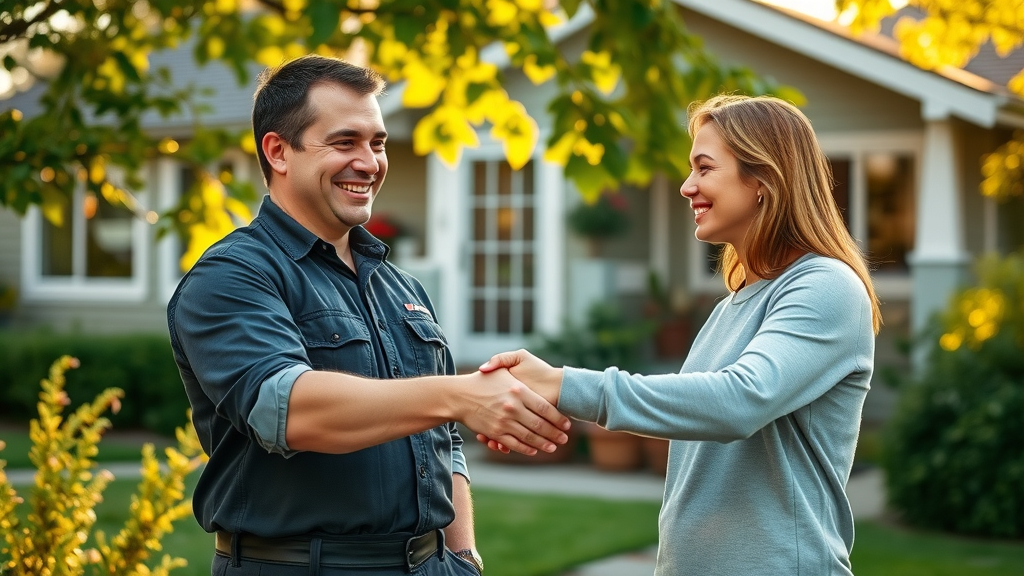 Best dryer vent cleaning service in Eugene Oregon technician greeting homeowner