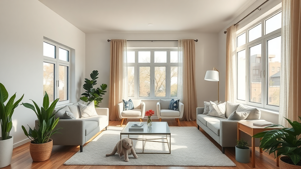 Pristine residential living room after all in one cleaning service in Eugene Oregon. Sunlight streaming through large windows, lush green plants, organized and welcoming.