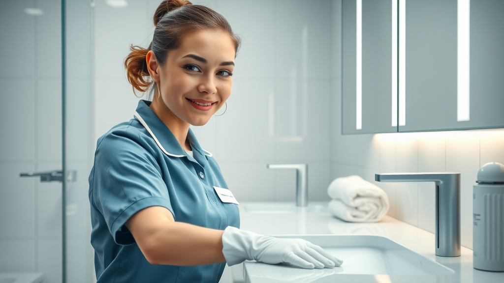 Professional cleaner sanitizing modern bathroom in Eugene Oregon for all in one cleaning service. Clean fixtures, reflective counters, fresh towels.