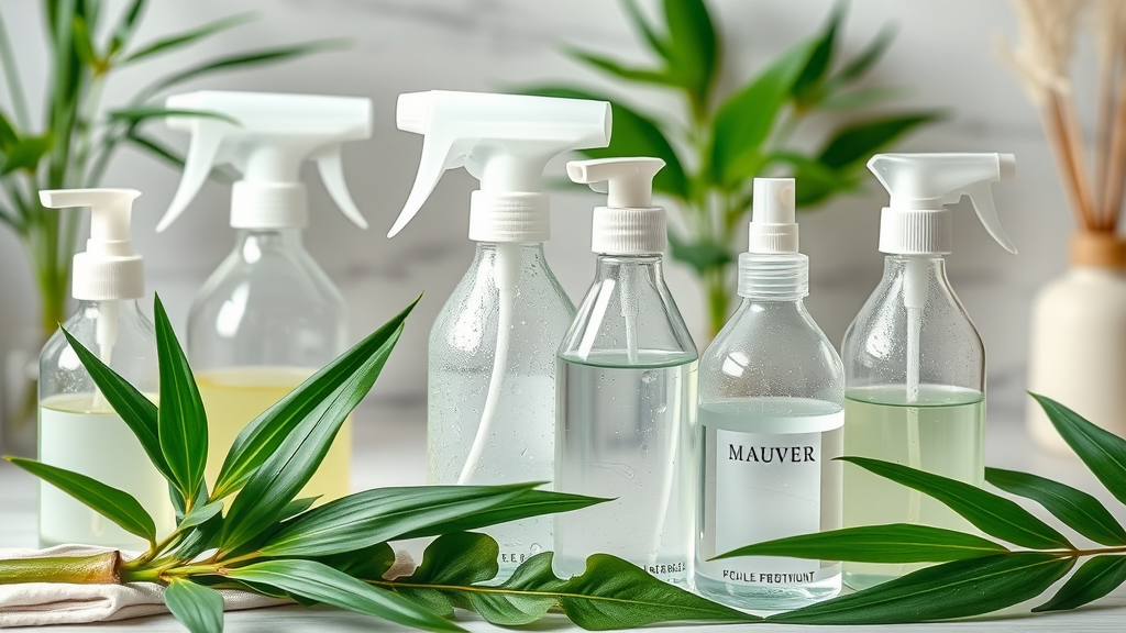Eco-friendly cleaning supplies used by all in one cleaning service in Eugene Oregon: green bottles, bamboo, fresh leaves, natural light.