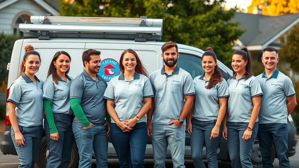 Friendly team of professional all in one cleaners in Eugene Oregon, standing by branded van, ready to serve homes and businesses.