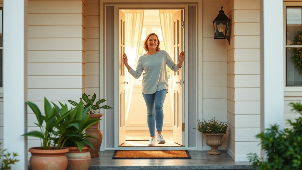 Happy Eugene Oregon homeowner entering a clean home after all in one cleaning service, bright and inviting entryway, sunlight and tidy decor.