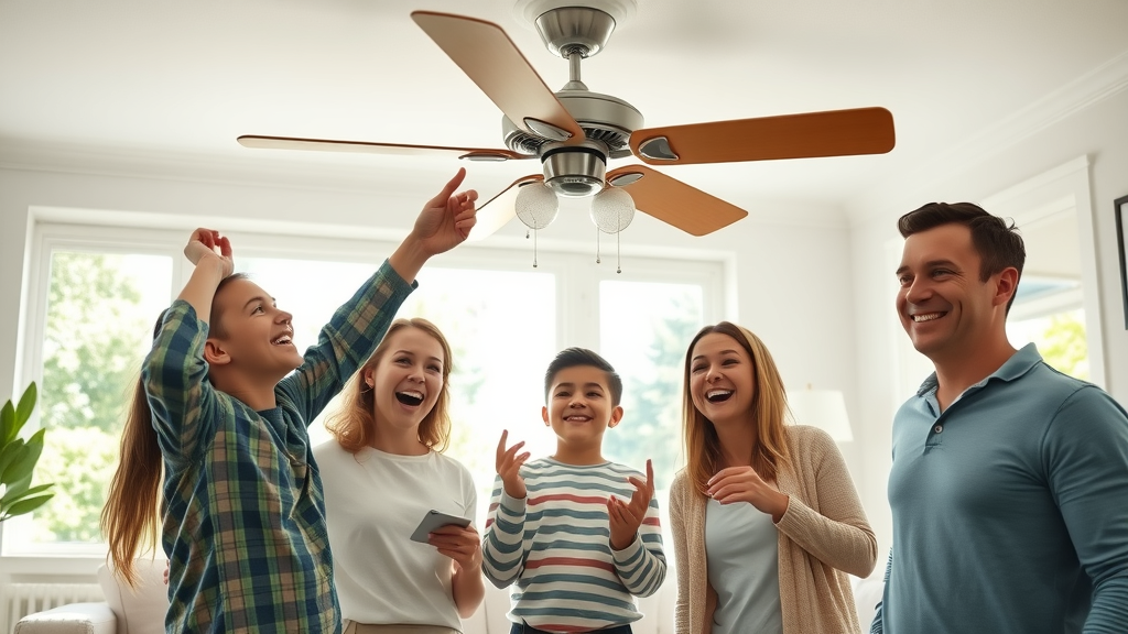 ceiling fan cleaning service in Eugene Oregon bright residential living room with happy family inspecting a clean ceiling fan, sunlit Oregon home, lush scenery