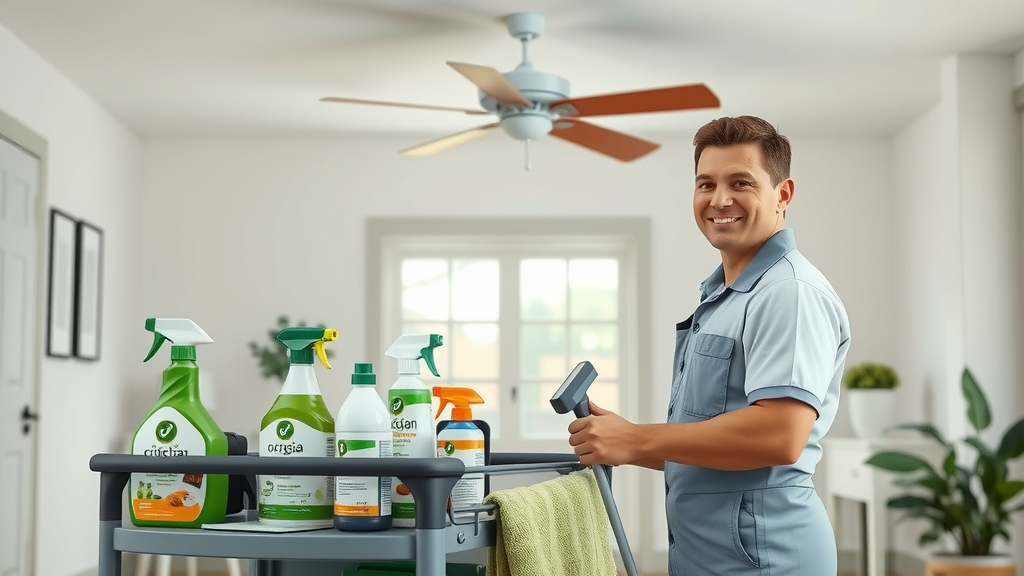 Modern eco-friendly cleaning supplies, technician ready for ceiling fan cleaning service in Eugene Oregon, using green safe cleaning products