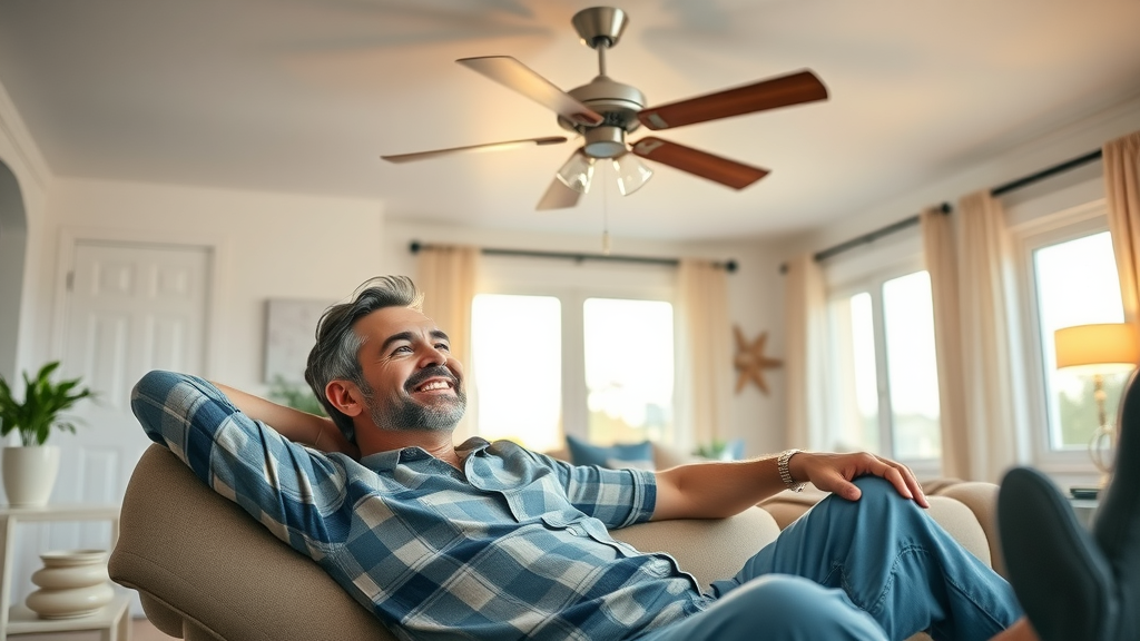 Eugene homeowner relaxing under sparkling clean ceiling fan, satisfied after professional ceiling fan cleaning service in Oregon