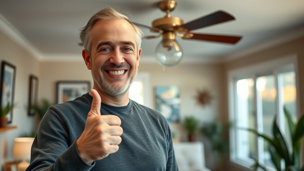 Happy Eugene client giving thumbs-up after ceiling fan cleaning, clean home background, ceiling fan cleaning service in Eugene Oregon
