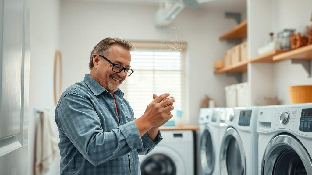 Clean modern laundry room in Springfield, Oregon with homeowner inspecting a freshly cleaned dryer vent